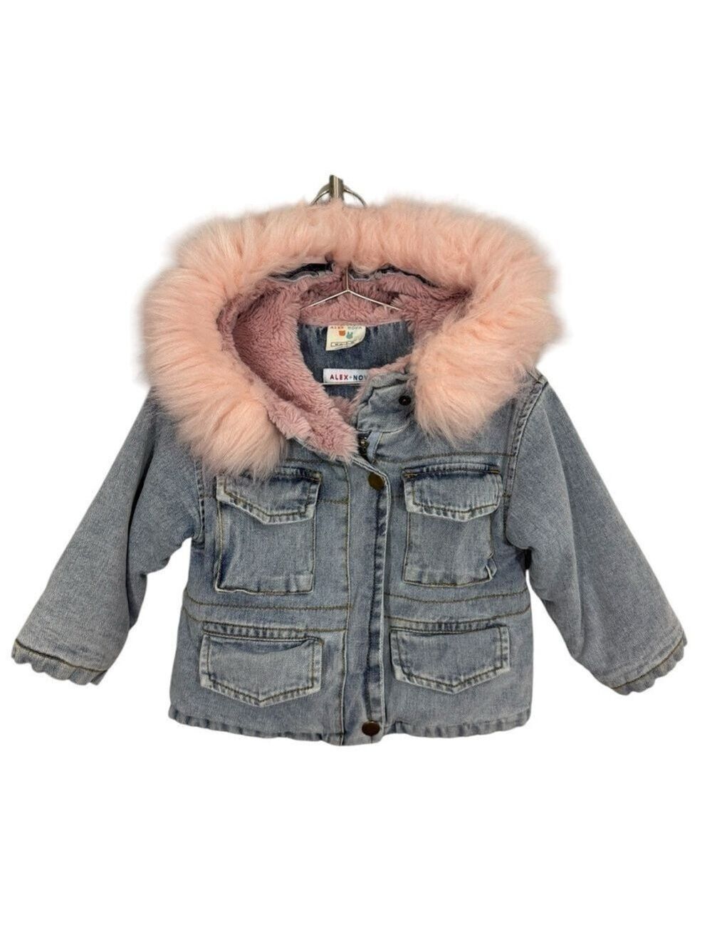 Alex & Nova Holly Denim Jacket Girls 2T Blue Jean Pink Faux Fur Hood Fuzzy EUC!